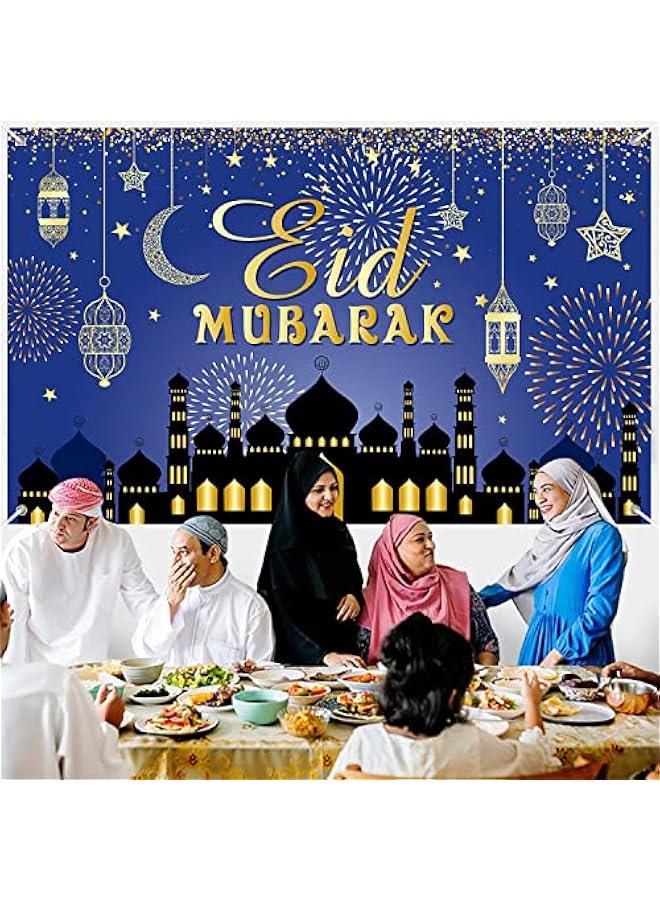 MOXO Large Eid Mubarak Background Banner Blue and Gold Ramadan Mubarak Party Decorations Muslim Ramadan Fabric Banner for Muslim Party Supplies Garden Table Wall Indoor and Outdoor Home Decor - Image 4