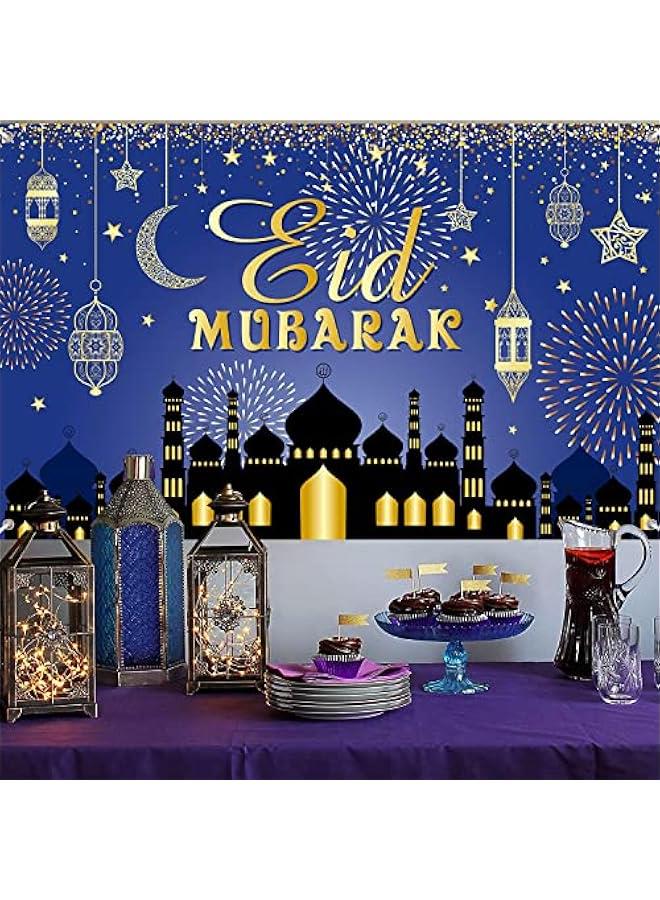 MOXO Large Eid Mubarak Background Banner Blue and Gold Ramadan Mubarak Party Decorations Muslim Ramadan Fabric Banner for Muslim Party Supplies Garden Table Wall Indoor and Outdoor Home Decor - Image 5