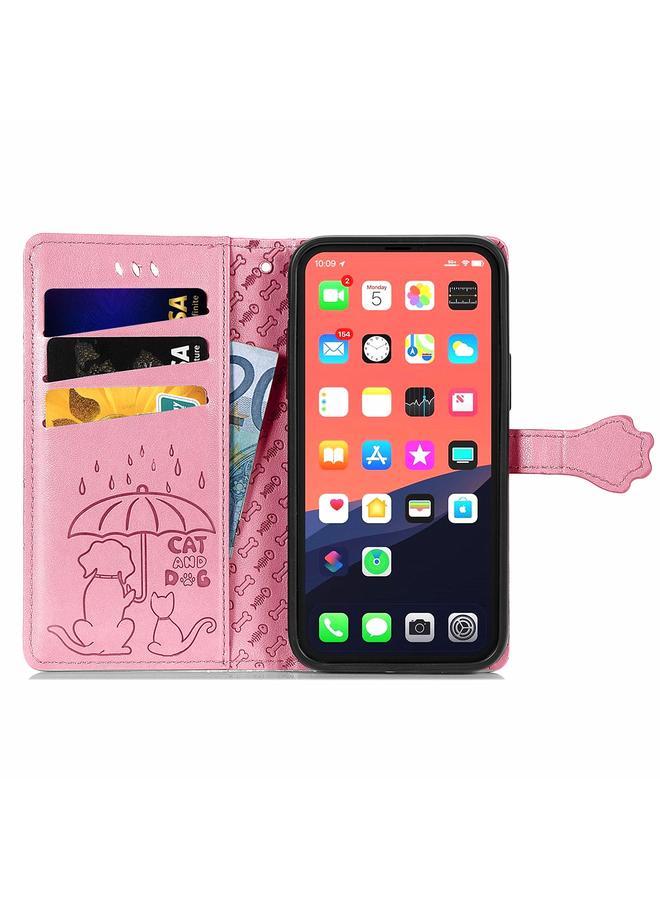 اس-توب جراب لهاتف iPhone 13 Pro Max من الجلد المنقوش بشكل قطة وكلب لطيف مع حامل وفتحات للبطاقات ومحفظة وحبل - Image 3