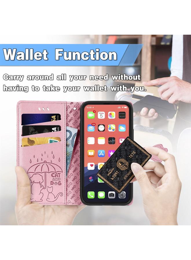 اس-توب جراب لهاتف iPhone 13 Pro Max من الجلد المنقوش بشكل قطة وكلب لطيف مع حامل وفتحات للبطاقات ومحفظة وحبل - Image 5