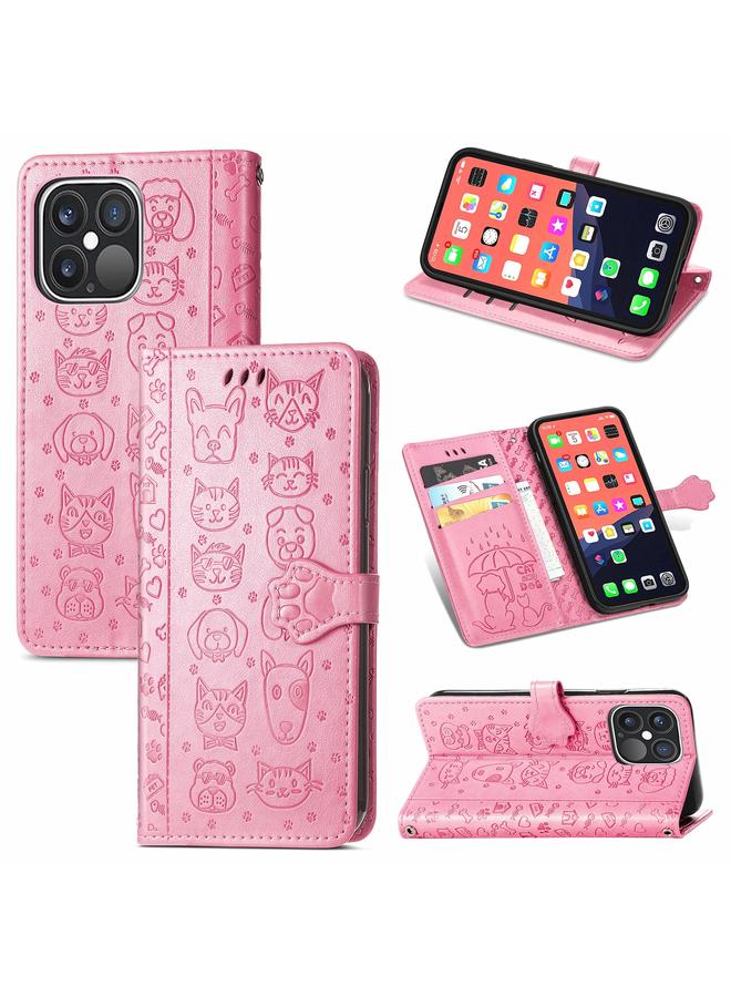 اس-توب جراب لهاتف iPhone 13 Pro Max من الجلد المنقوش بشكل قطة وكلب لطيف مع حامل وفتحات للبطاقات ومحفظة وحبل - Image 1