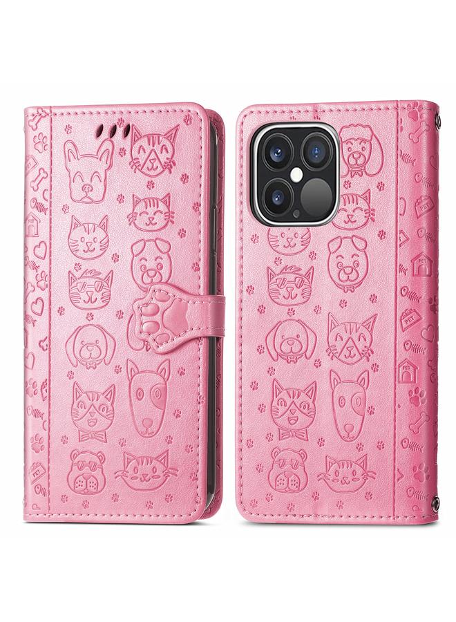 اس-توب جراب لهاتف iPhone 13 Pro Max من الجلد المنقوش بشكل قطة وكلب لطيف مع حامل وفتحات للبطاقات ومحفظة وحبل - Image 2