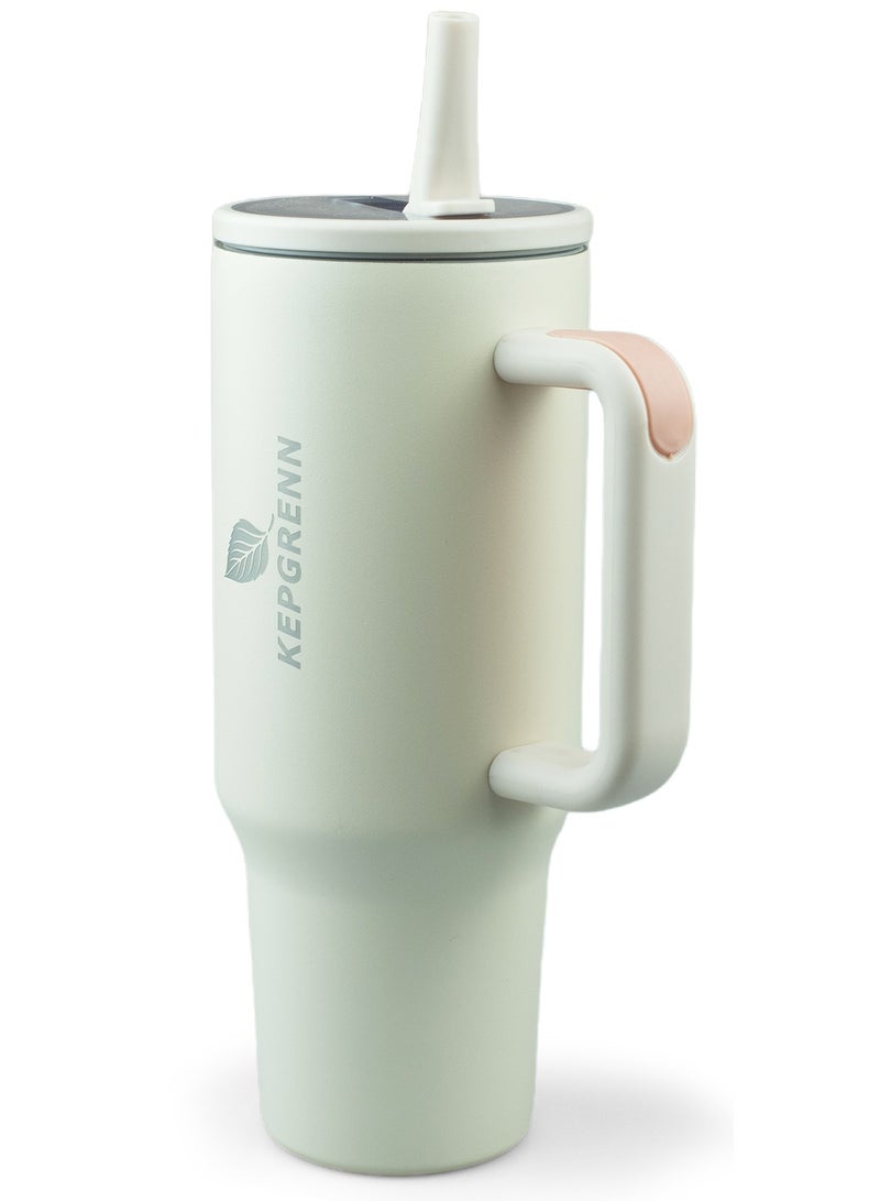 1.2L Vacuum Insulated Stainless Steel Tumbler – Large Thermal Travel Mug with Leak-Proof Lid, Foldable Straw, Non-Slip Handle, Hot & Cold Drink Cup for Coffee, Tea, Water (Crystal White) - Image 2