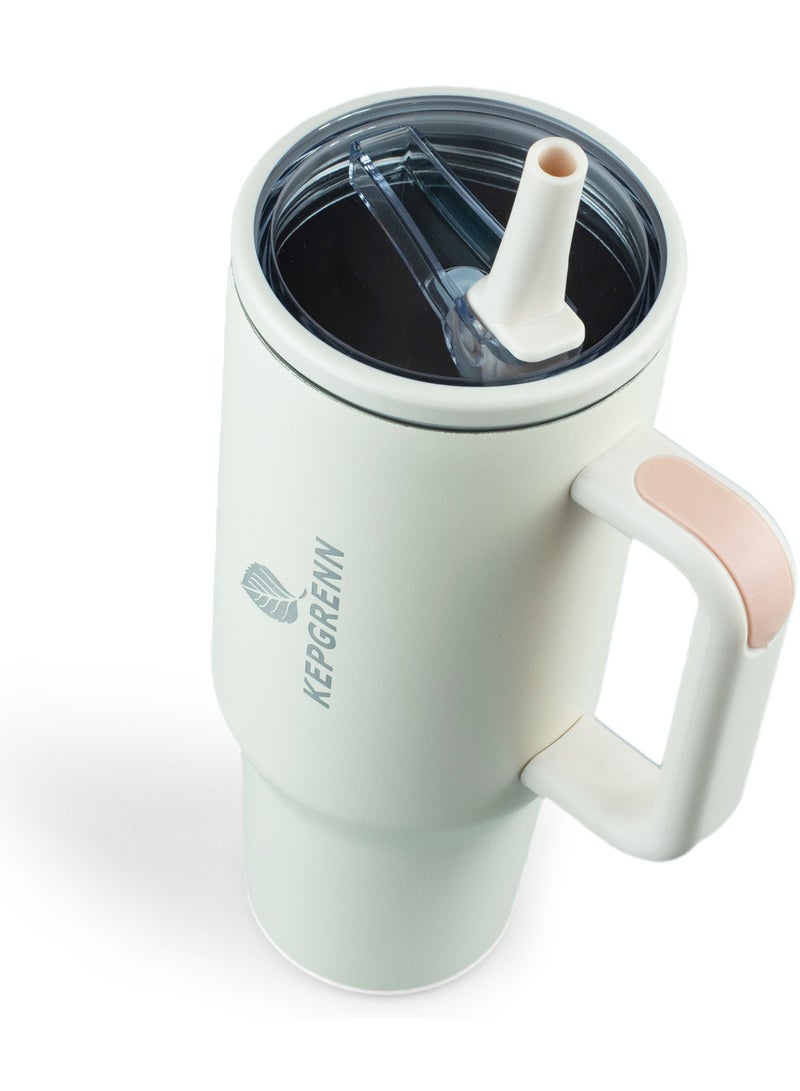 1.2L Vacuum Insulated Stainless Steel Tumbler – Large Thermal Travel Mug with Leak-Proof Lid, Foldable Straw, Non-Slip Handle, Hot & Cold Drink Cup for Coffee, Tea, Water (Crystal White) - Image 3