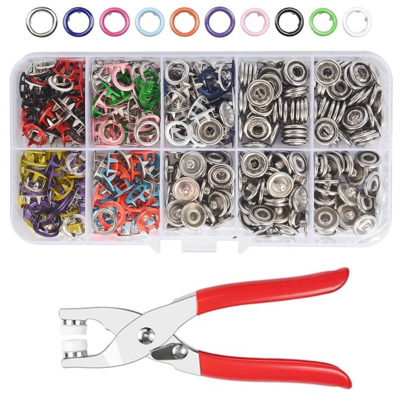 Snap Button Kit 100set 95mm Snap Fasteners Kit with Pliers Metal Snaps Kit with Tool Five Claw Buckle Tool Set 10 Colors Hollow 100set