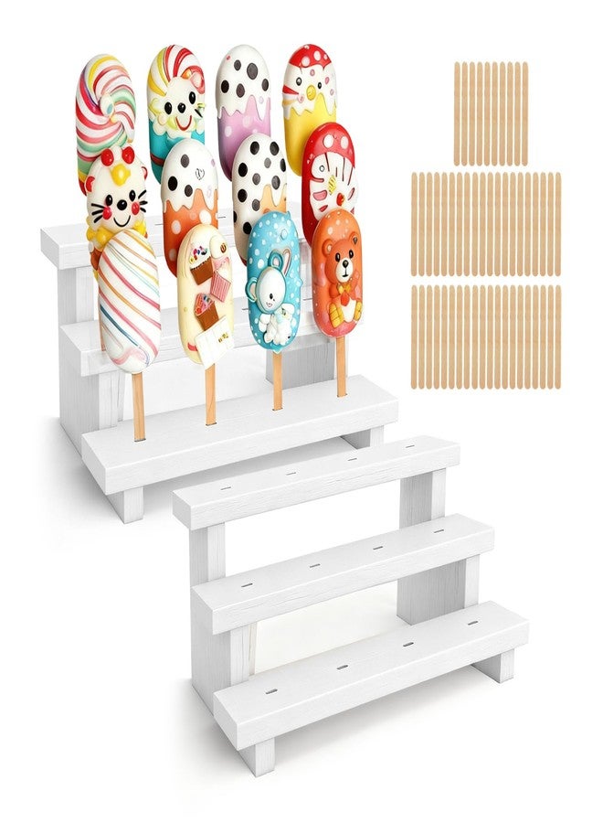 UCEHIPAW 2 Pcs Cake Pop Stand with 50 Pcs 2 mm Lollipop Sticks 3 Tier 12 Holes White Wooden Rectangle Candy Display Holder for Baby Shower Wedding Birthday Party - Image 1