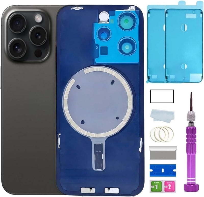 ZVB 15 Pro Back Glass Replacement for iPhone 15 Pro Back Glass (6.1 Inches) with Pre-Installed Plate + Camera Frame + Lens + Reparing Tools (Black Titanium) - Image 1