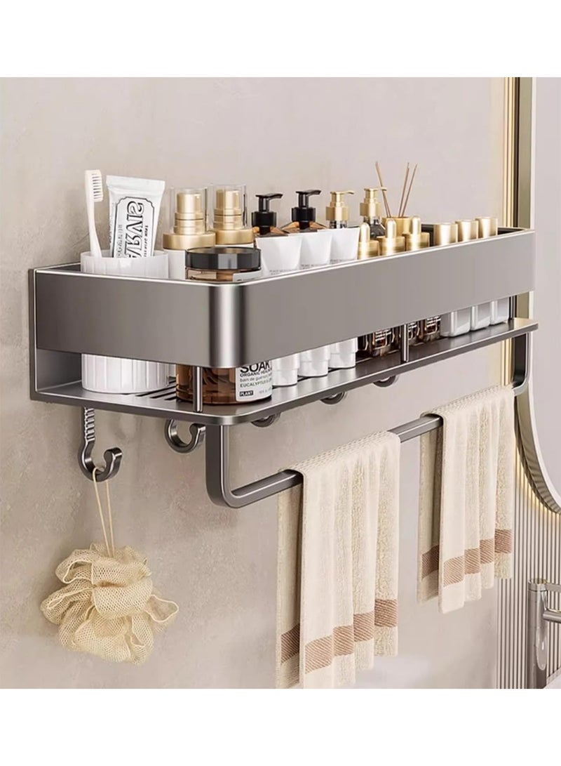 LOKIPA Shower Shelf, No Drilling, 50 cm Rustproof Organizer, Bathroom Shelf for Shampoo, with Towel Holder and 4 Hooks, Suitable for Bedroom, Living Room, and Kitchen (Grey) - Image 1