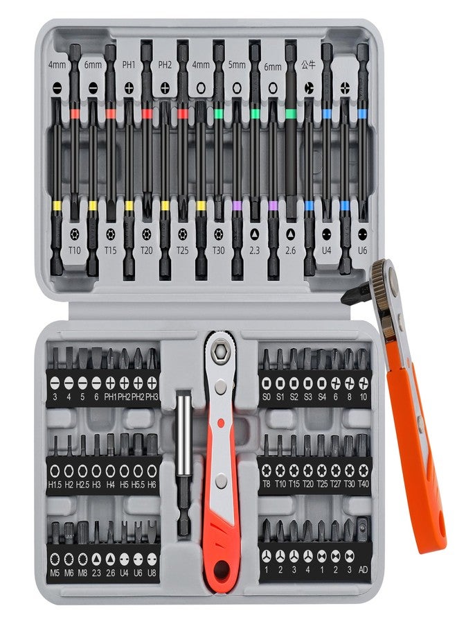 Hi-Spec 68pc Long Extended Screw Driver Bits and Mini Ratchet Wrench Handle Set. DIY Accessories Kit of 25 and 75mm Hex Shank Screwdriving Bits for Drill Drivers - Image 1