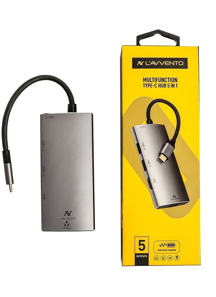 L'avvento - L'AVVENTO (US016) Type-C Hub 5in 1 - 2 USB 2.0, HDMI 4K RJ45 87W PD Power Output - Image 1