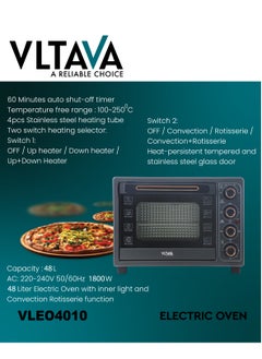 VLTAVA 48 Liter Electric Oven With Convection Rotisserie Functions & Inner Light, 100-250 Degree Celsius Adjustable Temperature/Perfect For Roasting/Cooking/ 1800W - VLEO4010 Black  - Image 5