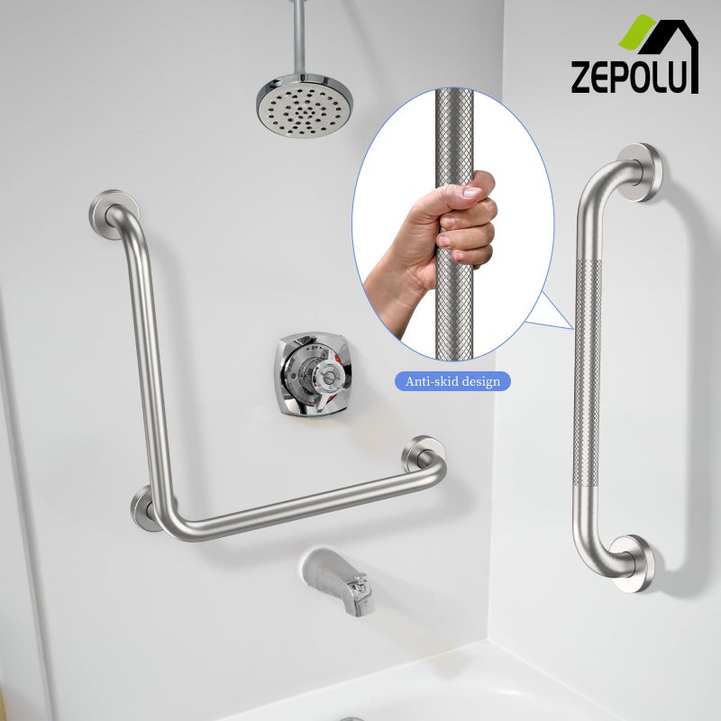 Zepolu Brushed Nickel Angled Grab Bar 16 Inch, Zepolu Stainless Steel L-Shaped Safety Grab Rail, Bathroom Mobility Aid Handrail, Wall Mounted Balance Support Assist Shower Handle for Senior Elderly Handicap - Image 3