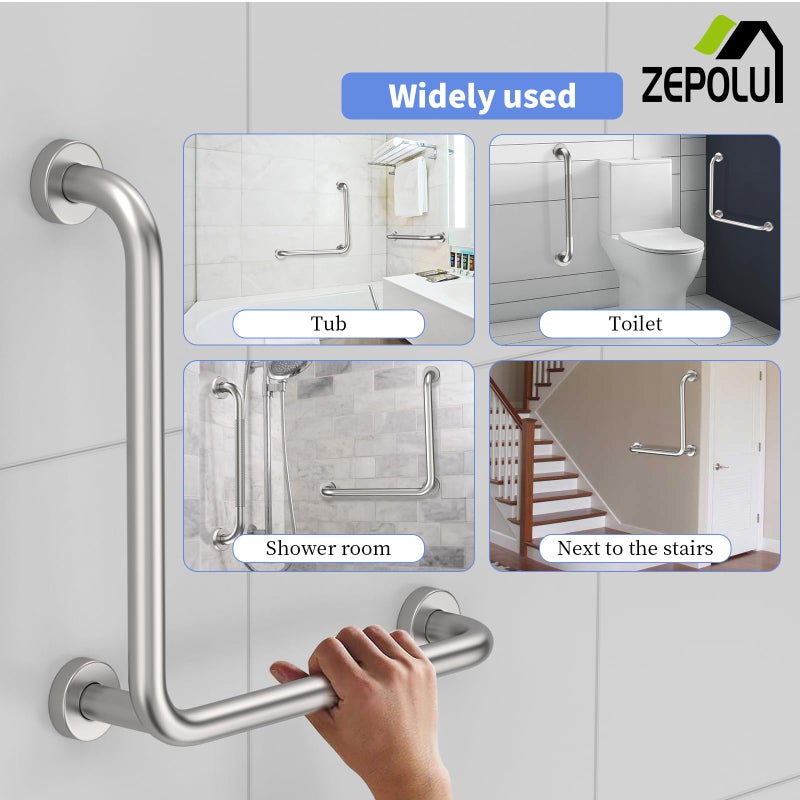Zepolu Brushed Nickel Angled Grab Bar 16 Inch, Zepolu Stainless Steel L-Shaped Safety Grab Rail, Bathroom Mobility Aid Handrail, Wall Mounted Balance Support Assist Shower Handle for Senior Elderly Handicap - Image 5