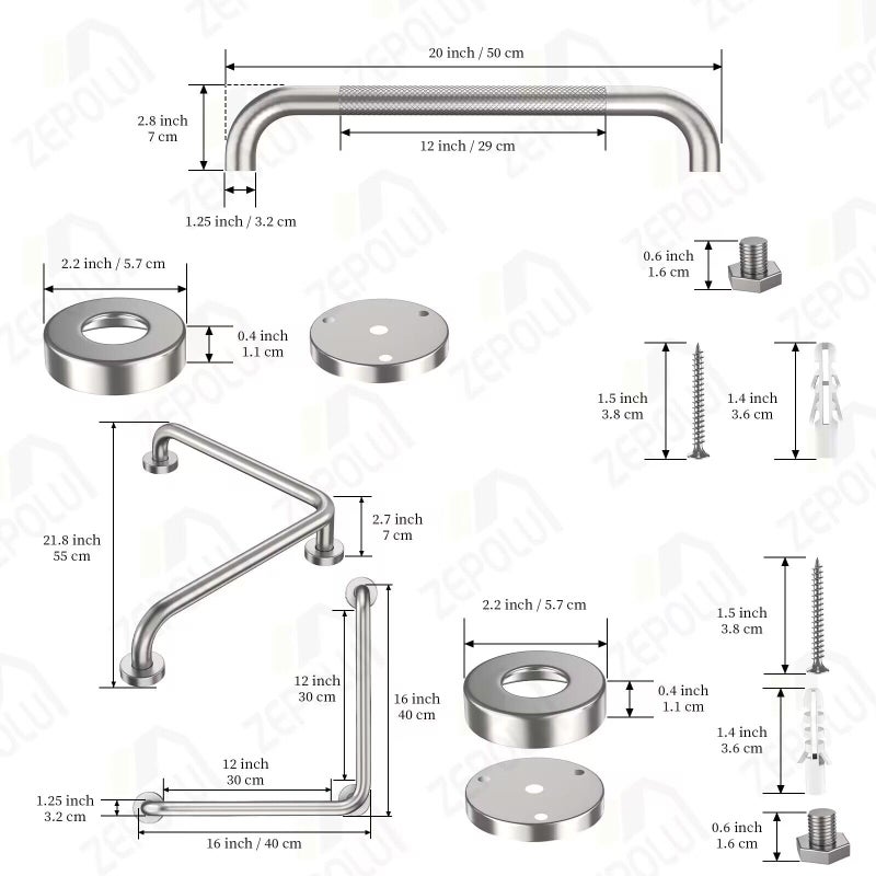 Zepolu Brushed Nickel Angled Grab Bar 16 Inch, Zepolu Stainless Steel L-Shaped Safety Grab Rail, Bathroom Mobility Aid Handrail, Wall Mounted Balance Support Assist Shower Handle for Senior Elderly Handicap - Image 2
