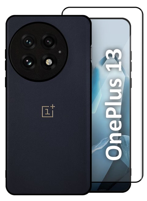 2Packs Case Cover for OnePlus 13 Premium Leather, Elegant Protection, Quad-Camera Precision Cutout with 3D Shockproof Screen Protector - Dark Blue