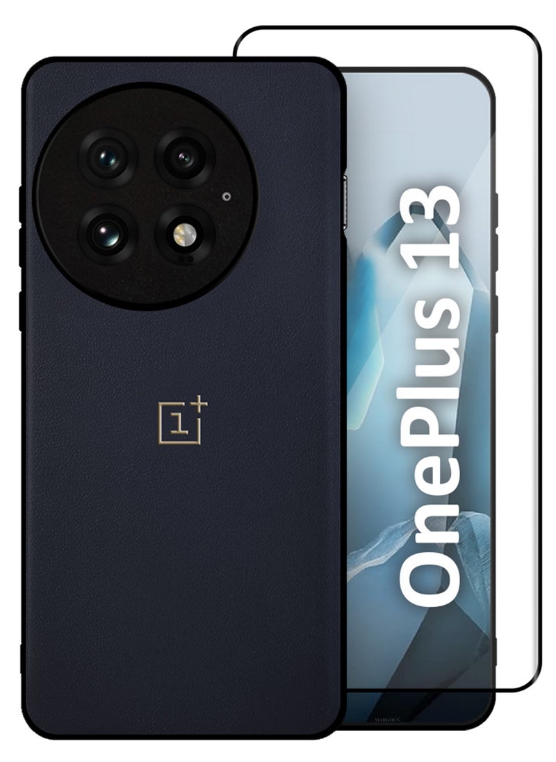 2Packs Case Cover for OnePlus 13 Premium Leather, Elegant Protection, Quad-Camera Precision Cutout with 3D Shockproof Screen Protector - Dark Blue