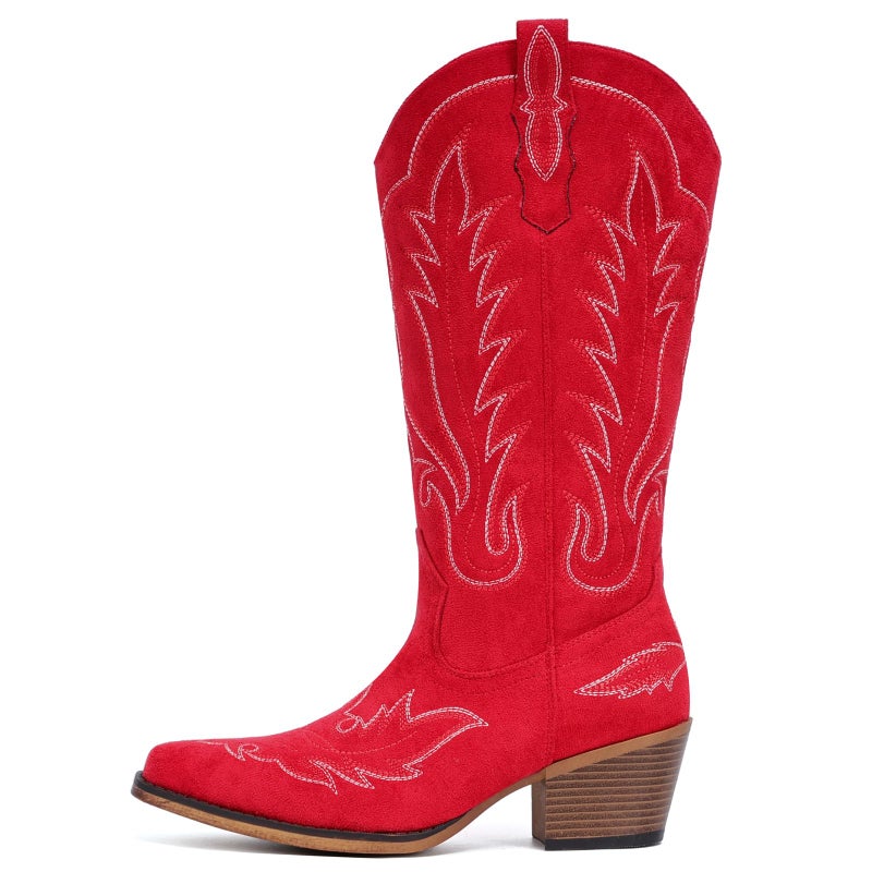 Fioralie Suede Cowboy Boots for Women Western Mid Calf Cowgirl Boots with Embroidered, Retro Snip Toe Fashion Boot With Chunky Block Heel Summer Fall Country Music Festival Cowboy Chic - Image 5