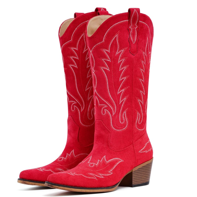 Fioralie Suede Cowboy Boots for Women Western Mid Calf Cowgirl Boots with Embroidered, Retro Snip Toe Fashion Boot With Chunky Block Heel Summer Fall Country Music Festival Cowboy Chic - Image 1