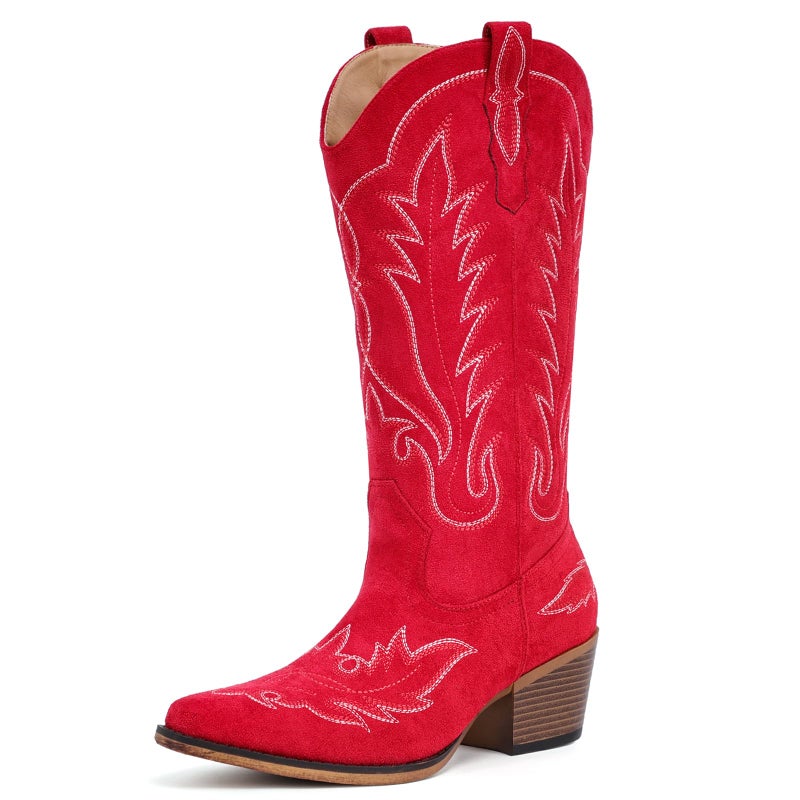 Fioralie Suede Cowboy Boots for Women Western Mid Calf Cowgirl Boots with Embroidered, Retro Snip Toe Fashion Boot With Chunky Block Heel Summer Fall Country Music Festival Cowboy Chic - Image 4