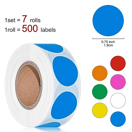 Hoewina 3500 Pcs Colored Dot Stickers, 3/4" Label Sticker Round Color Coding Labels Circle Dots Labels Circle Stickers for Office,Classroom,Family（Etc - 7 Colors, 500 Labels/Roll） - Image 2