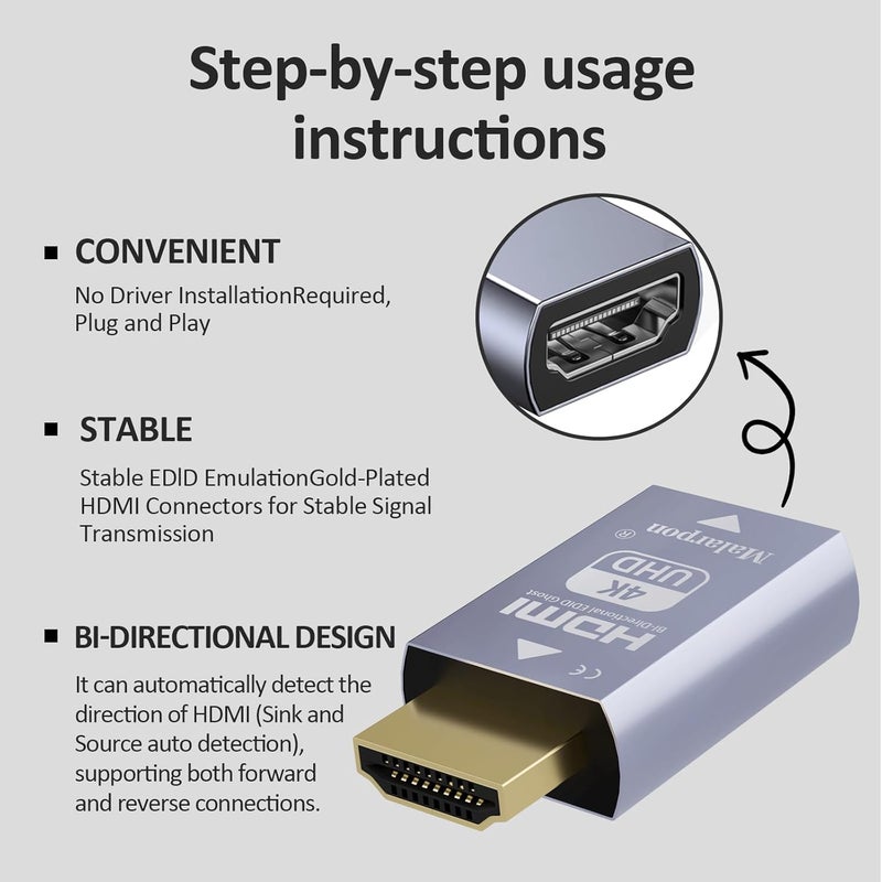 Malarpon Hdmi Edid Emulator Passthrough 3rd Generrtion Aluminum fit Headlesskeep The EDID of The Monitor Active Switches and Extenders 3840x2160@59Hz 4P - Image 2