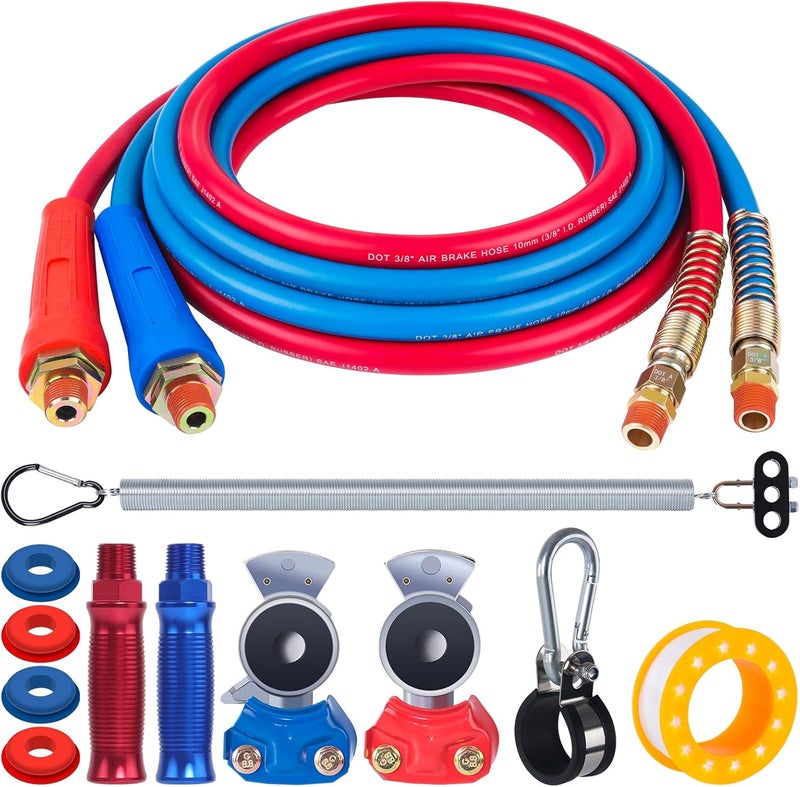 CheeMuii 15 FT Semi Truck Air Line Hose Assembly with Tender Spring & Gladhands - Red & Blue - Image 1