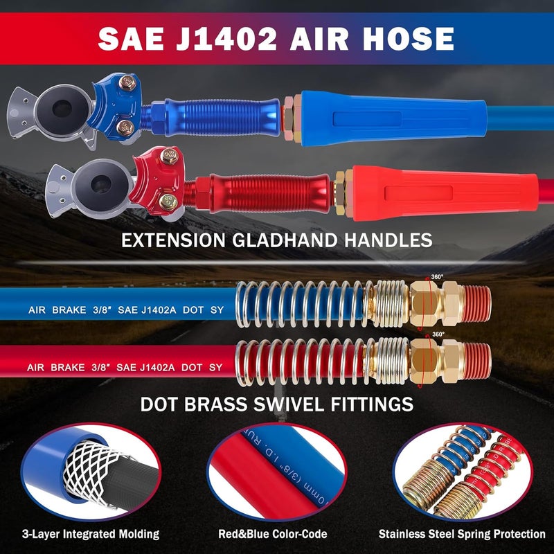 CheeMuii 15 FT Semi Truck Air Line Hose Assembly with Tender Spring & Gladhands - Red & Blue - Image 4