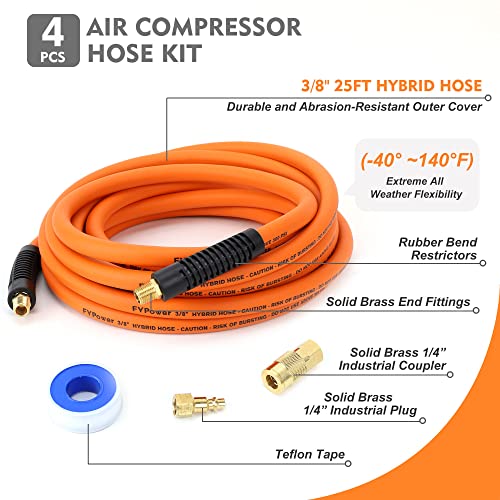 FYPower Air Compressor Hose 3/8 Inch x 25 Feet Hybrid Hose with Fittings, Flexible and Kink Resistant, 1/4" Industrial Quick Coupler and Plug Kit - Image 2