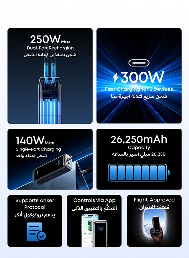 أنكر بانك الطاقة أنكر برايم، 26,250 مللي أمبير، شاحن محمول 3 منافذ مع 300 واط إخراج، شحن ثنائي الاتجاه، معتمد للطيران، تحكم عبر التطبيق، لجهاز ماك بوك، آيفون 17/16، والمزيد، قاعدة الشحن غير مدرجة - Image 2