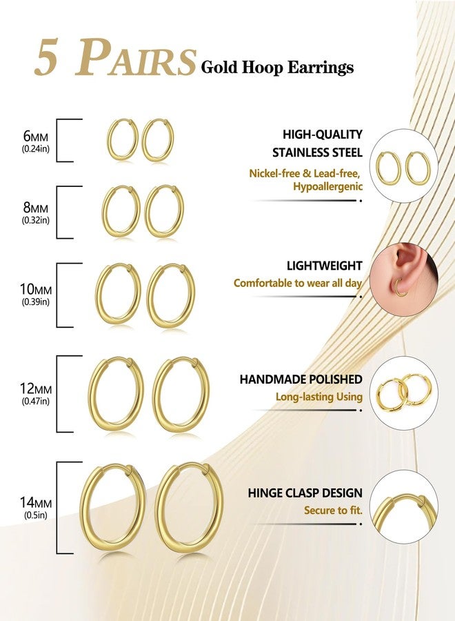 CLVJQ 5 Pairs Small Huggie Hoop Earrings for Women, Stainless Steel Lightweight Hypoallergenic Silver/Gold Earrings for Sensitive Ears, Stackable Cartilage Hoop, Minimalist Everyday Jewelry (6/8/10/12/14mm - Image 2
