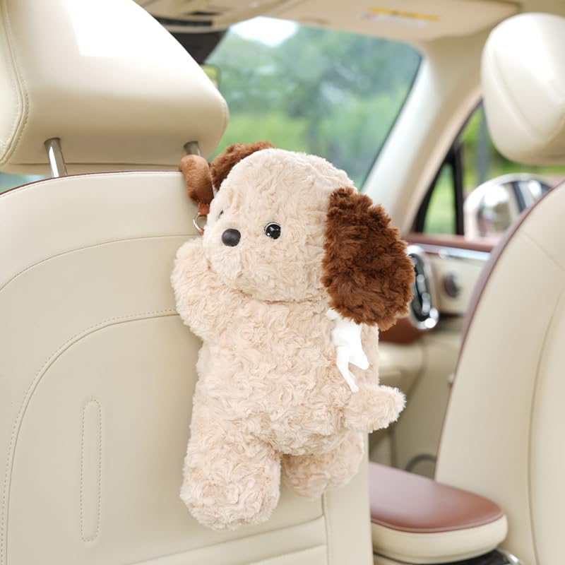 WASTROYAL Plush Puppy Car Tissue Box Holder â€“ Cute Crawling Dog Design, Hanging or Dashboard Use, Soft Style Organizer for Vehicle Interior (Khaki Dog) - Image 1