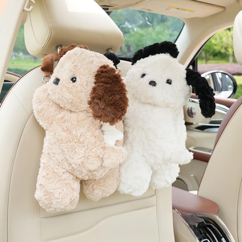 WASTROYAL Plush Puppy Car Tissue Box Holder â€“ Cute Crawling Dog Design, Hanging or Dashboard Use, Soft Style Organizer for Vehicle Interior (Khaki Dog) - Image 2