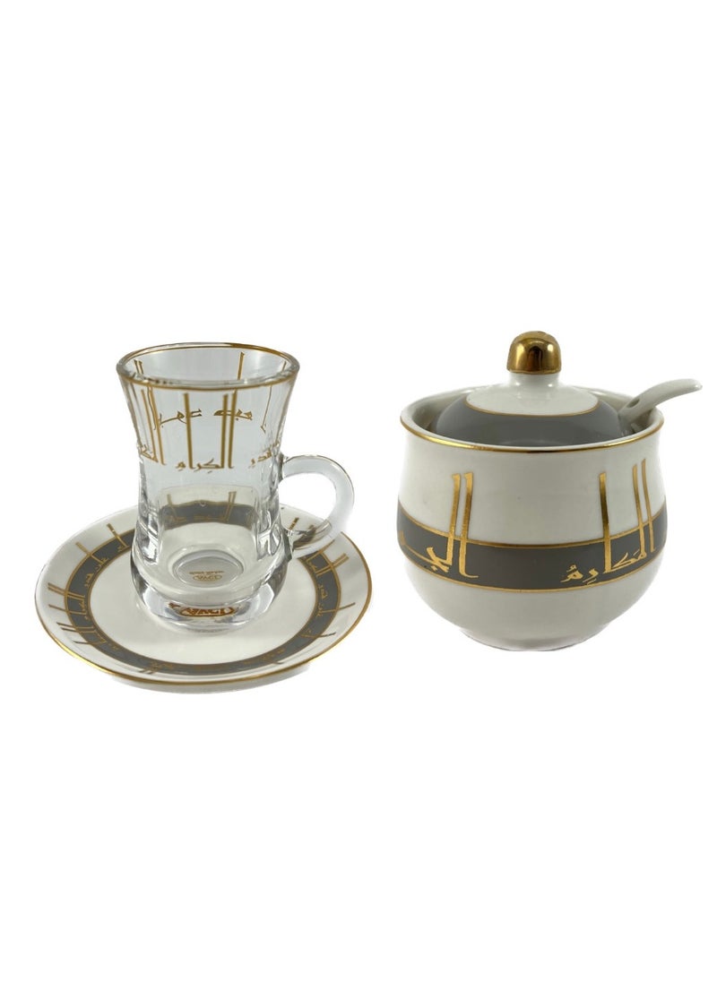 Homemaker 20-Piece Tea & Coffee Cups Set - 6 Tea Glass - 6 Coffee Cups - 6 Saucer - Sugar Bowl & Spoon - White & Clear & Grey & Gold  - Image 4