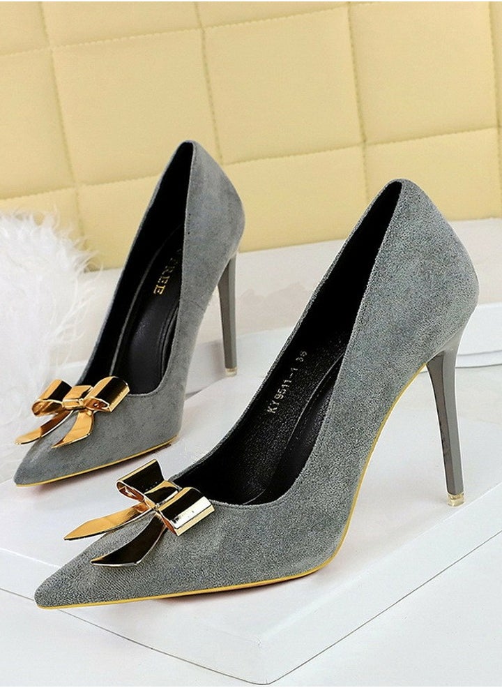 BIGTREE Women's Suede Closed Pointed Toe Stiletto Pump Metal Bowknot Decoration High Heels Grey 10.5CM  - Image 1