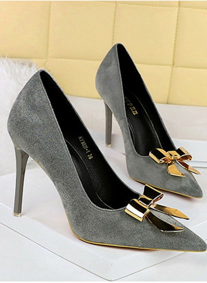 BIGTREE Women's Suede Closed Pointed Toe Stiletto Pump Metal Bowknot Decoration High Heels Grey 10.5CM  - Image 2