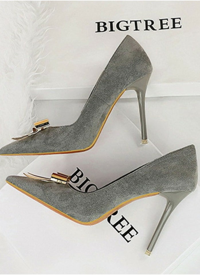 BIGTREE Women's Suede Closed Pointed Toe Stiletto Pump Metal Bowknot Decoration High Heels Grey 10.5CM  - Image 3