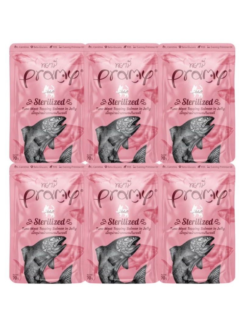 Pramy Cat Wet Food With Tuna And Salmpn In Jelly Flavor For Sterilized Cats - 6x70g - Enriched with L-Carnitine, Beta-Glucans, and Evening Primrose Oil for Weight Management and Overall Wellness – Premium Wet Food for Sterilized Cats - Image 1