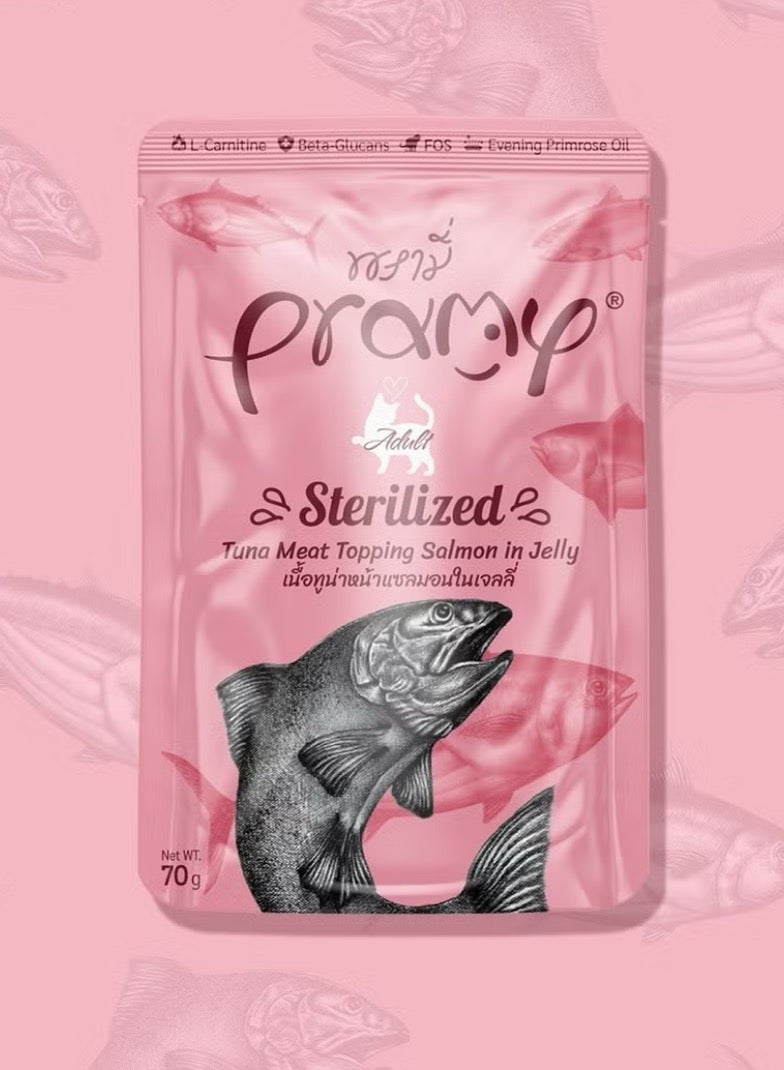 Pramy Cat Wet Food With Tuna And Salmpn In Jelly Flavor For Sterilized Cats - 6x70g - Enriched with L-Carnitine, Beta-Glucans, and Evening Primrose Oil for Weight Management and Overall Wellness – Premium Wet Food for Sterilized Cats - Image 2