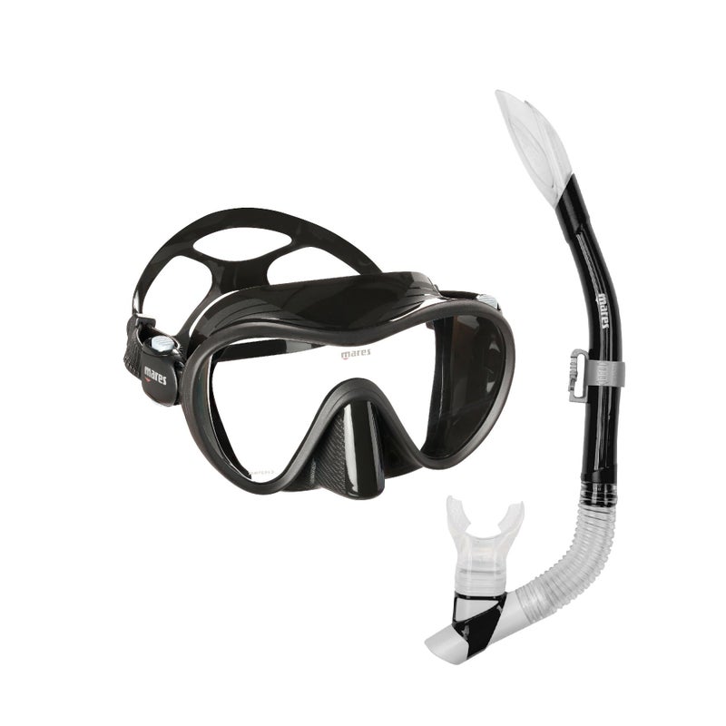 Mares Adult Combo Tropical Snorkeling Gear Set MonoLens Frameless Silicone Mask SemiDry Top wAntiSplash Snorkel Black - Image 2