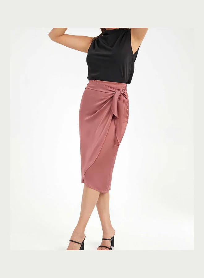 Styli Satin Wrap Front Detail Midi Skirt