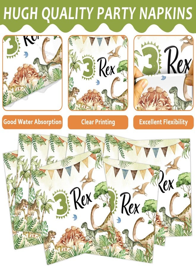 Oitnlaughter 96PCS Dinosaur 3rd Birthday Party Paper Plates and Napkins and Forks Set Watercolor Dino Rex Tableware Set Three Rex Theme Dinnerware Paper Plates for Kids Birthday Gatherings Decorations - Image 4