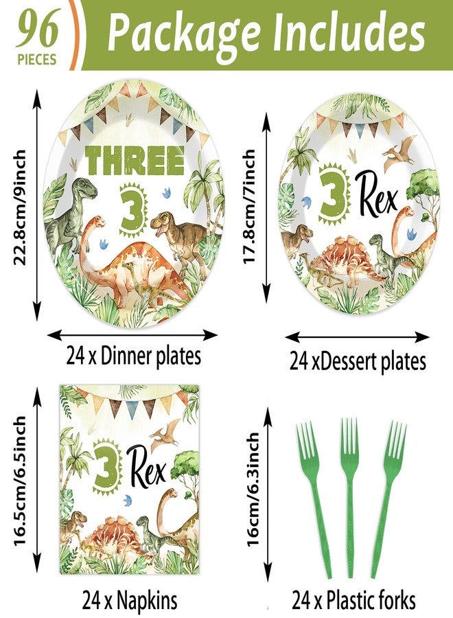 Oitnlaughter 96PCS Dinosaur 3rd Birthday Party Paper Plates and Napkins and Forks Set Watercolor Dino Rex Tableware Set Three Rex Theme Dinnerware Paper Plates for Kids Birthday Gatherings Decorations - Image 2