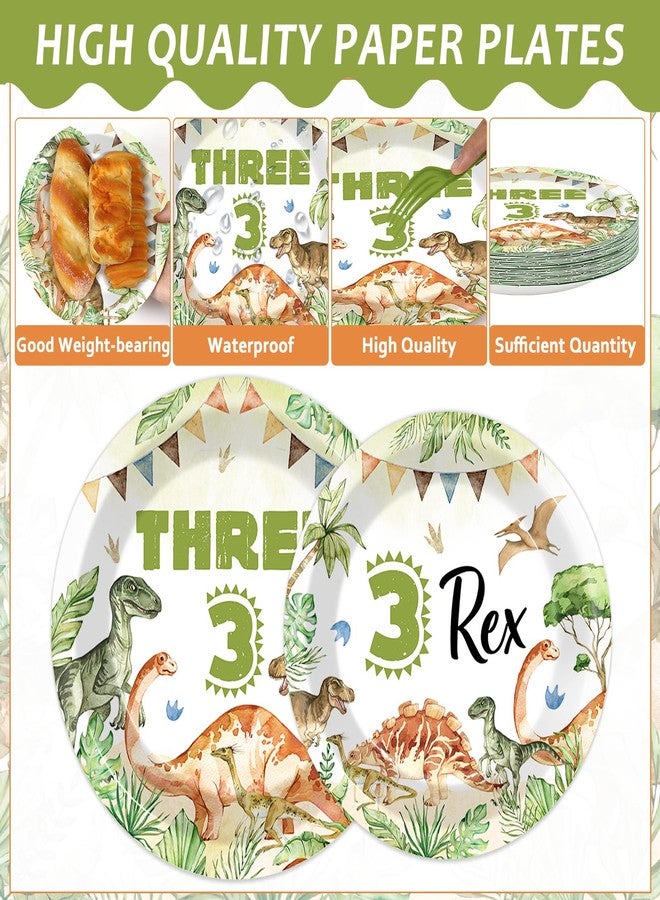 Oitnlaughter 96PCS Dinosaur 3rd Birthday Party Paper Plates and Napkins and Forks Set Watercolor Dino Rex Tableware Set Three Rex Theme Dinnerware Paper Plates for Kids Birthday Gatherings Decorations - Image 3