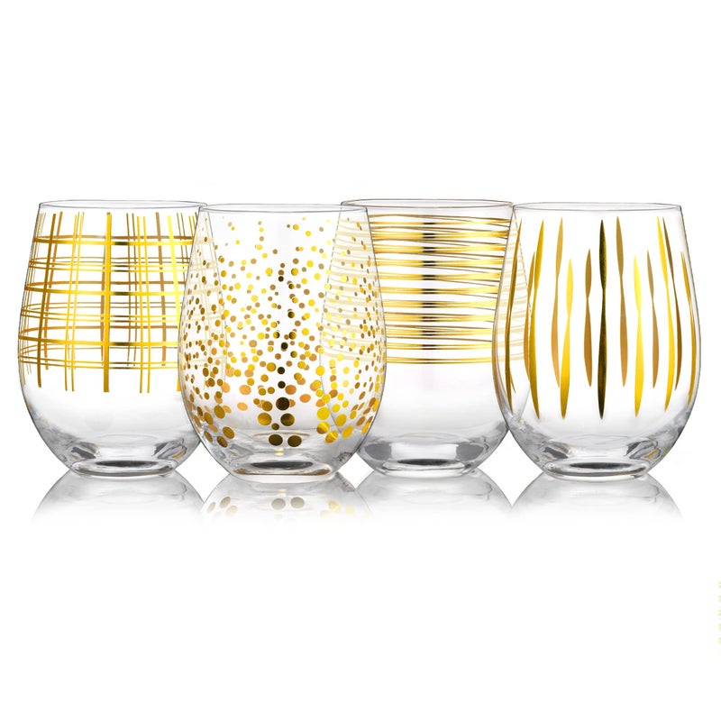 Joeyan Hand Blown Stemless Wine Glasses with Gold Dots Swirls Grids Strips Pattern for Red White WineLarge Drinking Glass CupsWine Glass Tumblers for Wedding Party HomeSet of 4175 oz