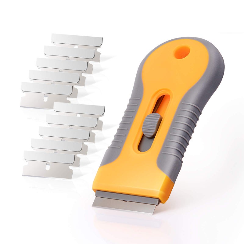 EHDIS Car Sticker Remover Glass Cooktop Razor Scraper with 10pcs Replace Blades for Label,Glue,Paint,Adhesive Remover,Oven Door, Stove Cleaning-Yellow - Image 1