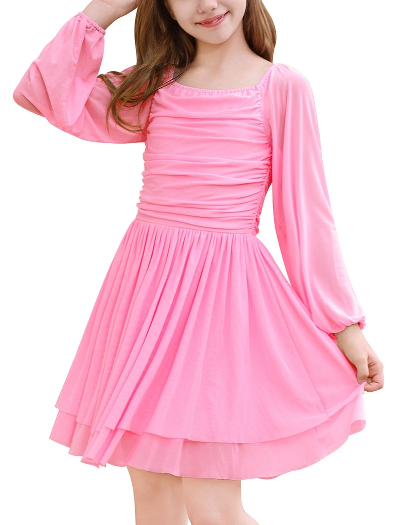 IBAKOM Teen Girl Puff Long Sleeve Square Neck Prom Dress Junior Homecoming Wedding Outfits Tween Fancy Pageant Birthday Dress, Pink, 15-16 Years - Image 1