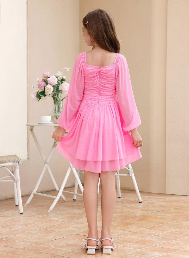 IBAKOM Teen Girl Puff Long Sleeve Square Neck Prom Dress Junior Homecoming Wedding Outfits Tween Fancy Pageant Birthday Dress, Pink, 15-16 Years - Image 2