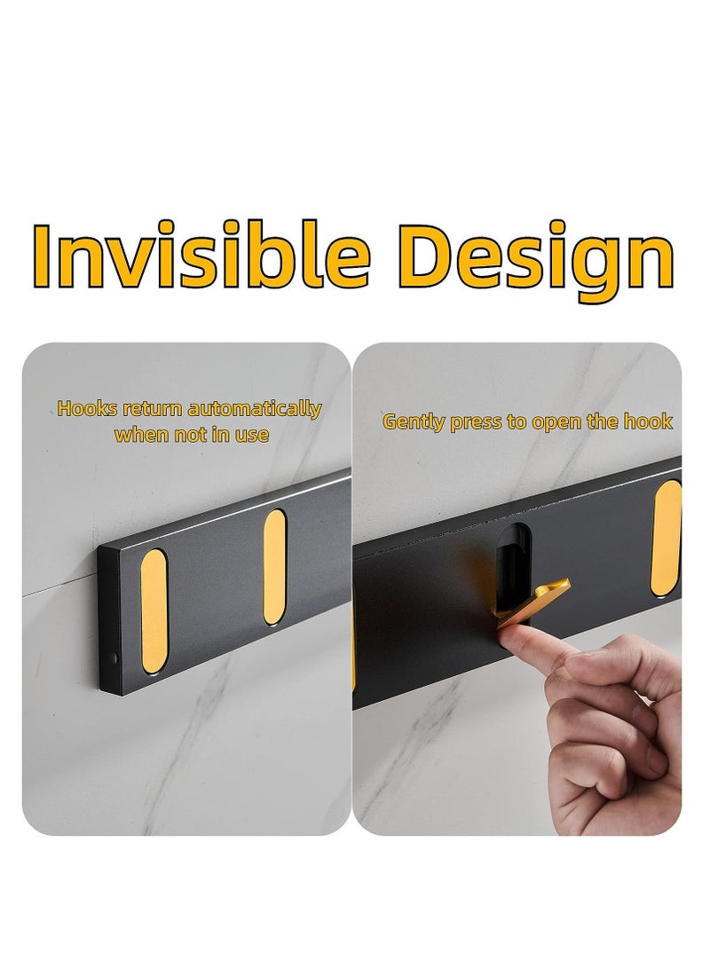 Excefore Folding Coat Hooks Invisible Wall Mounted 5 Towel Hooks Automatic Retractable Rack for Bathroom Kitchen Bedroom Space Saving Modern Foldable Wall Hooks (Black Gold) - Image 2