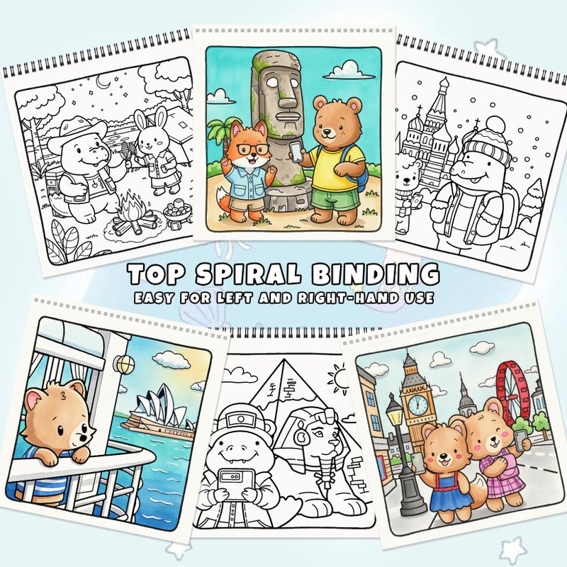 FunLavie Cozy Coloring Book for Adults and Kids â€“ Featuring Fuzzyâ€™s Cute Animal Travel Adventures for Adult Stress Relief, Bold and Easy, Simple Designs for Teen Relaxation, Spiral Bound Design - Image 4