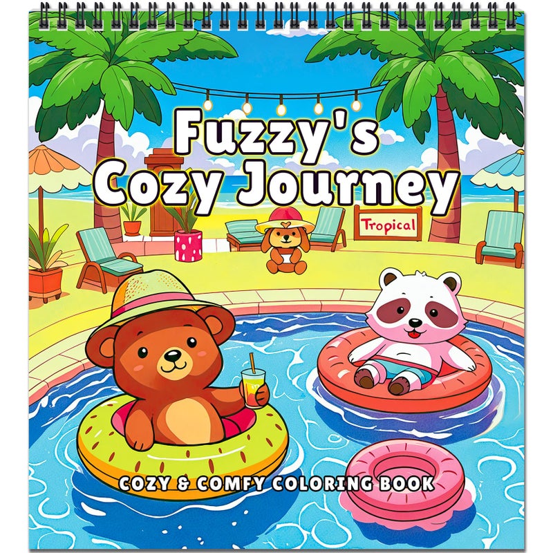 FunLavie Cozy Coloring Book for Adults and Kids â€“ Featuring Fuzzyâ€™s Cute Animal Travel Adventures for Adult Stress Relief, Bold and Easy, Simple Designs for Teen Relaxation, Spiral Bound Design - Image 1